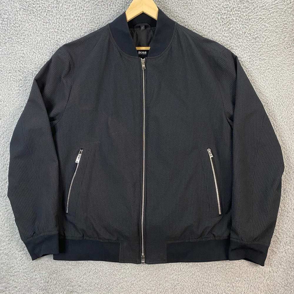 Hugo Boss Jacket Mens 46R Bomber Seer Sucker Full Zip Lined‎ Moto Biker Black